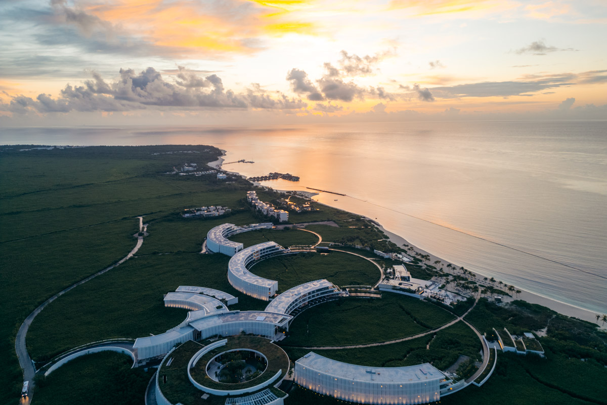 aerial view of the St. Regis Kanai Riviera Maya resort circular layout during sunrise